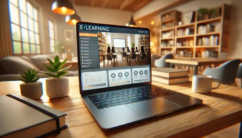 "Modernes Home-Office mit einem Laptop auf einem Holztisch, der ein E-Learning-Interface zeigt. Im Hintergrund sind unscharf Bücher, Pflanzen und warme Beleuchtung zu sehen, die eine einladende und produktive Atmosphäre schaffen."