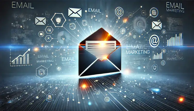 E-Mail-Marketing für Anfänger: "Illustration eines geöffneten E-Mail-Umschlags, aus dem ein leuchtendes Licht strahlt, umgeben von Netzwerkknoten, Grafiken und Symbolen für Kommunikation, Automatisierung und Analytik. Hintergrund in einem modernen blauen Farbverlauf mit subtilen technischen Mustern. Ideal für Themen rund um E-Mail-Marketing und digitale Kommunikation."